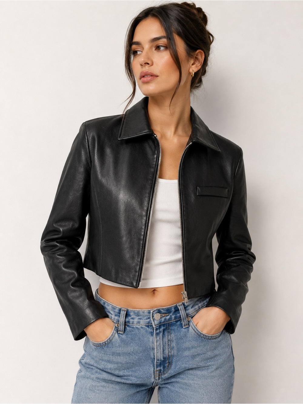 Zara Cropped Black Faux Leather Jacket Size S